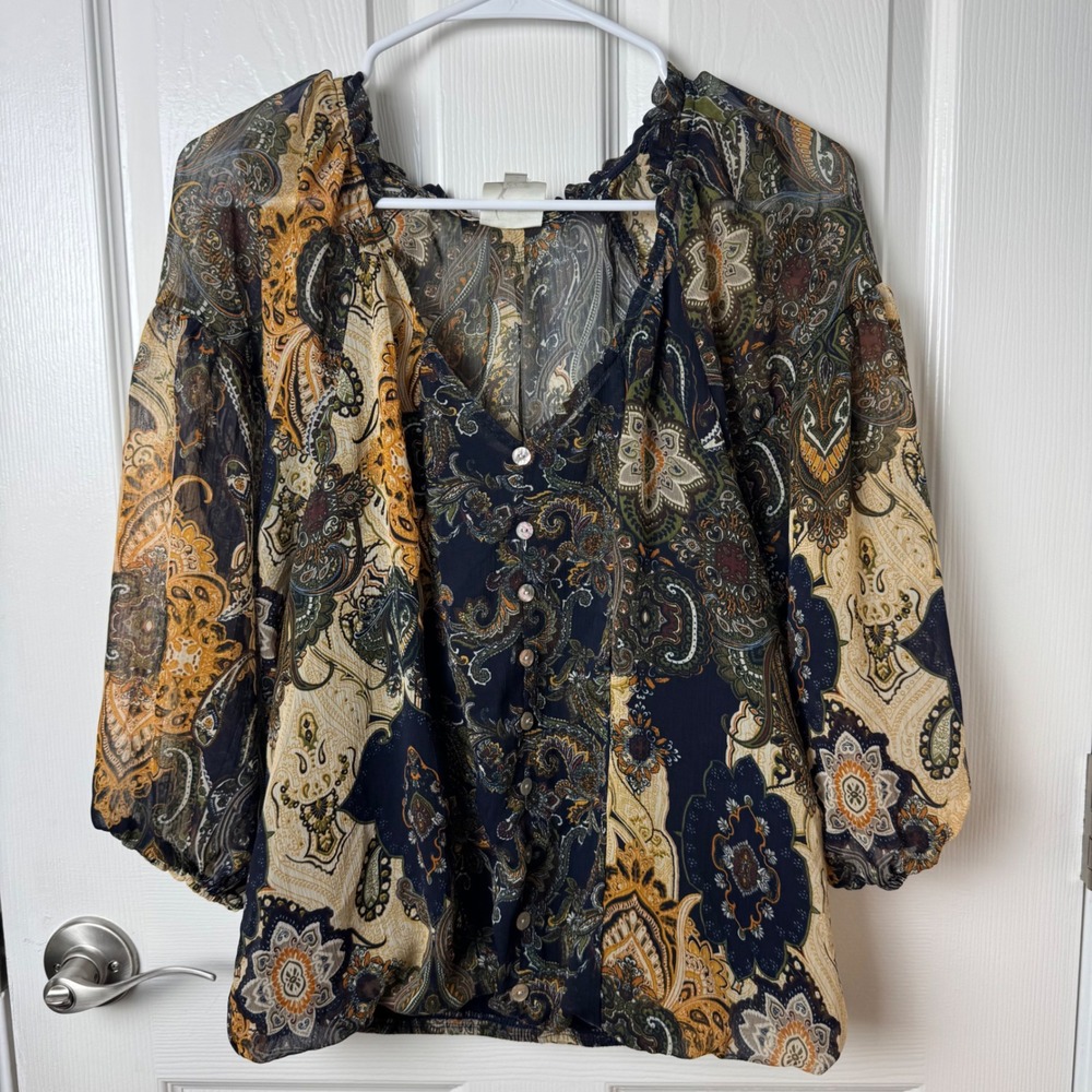 Beyond Roses Blouse Women M Navy Paisley Sheer Button Front Balloon Sleeve
